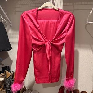 SHEIN Pink Tie-Front Top with Feather Cuffs and Matching Pants